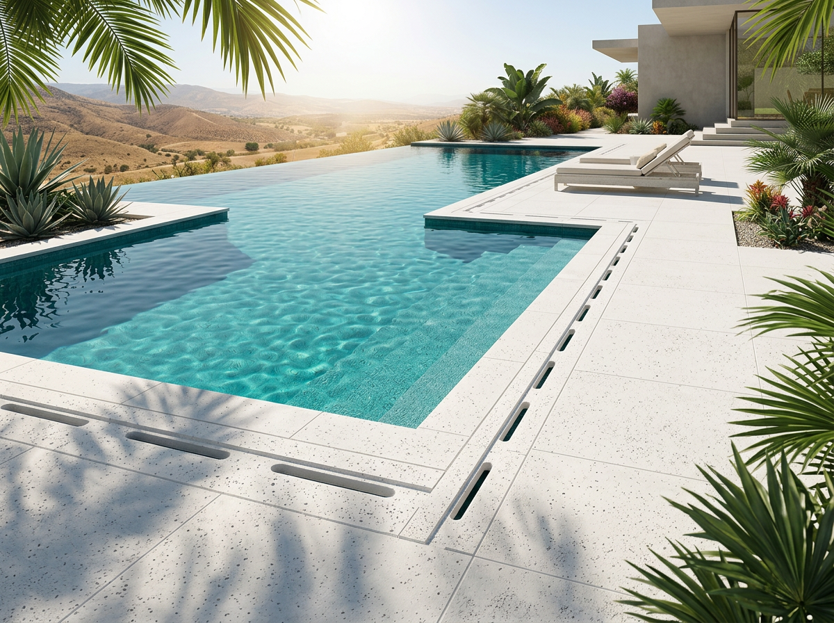 Borda arredondada em piscina de borda infinita com vista para o vale