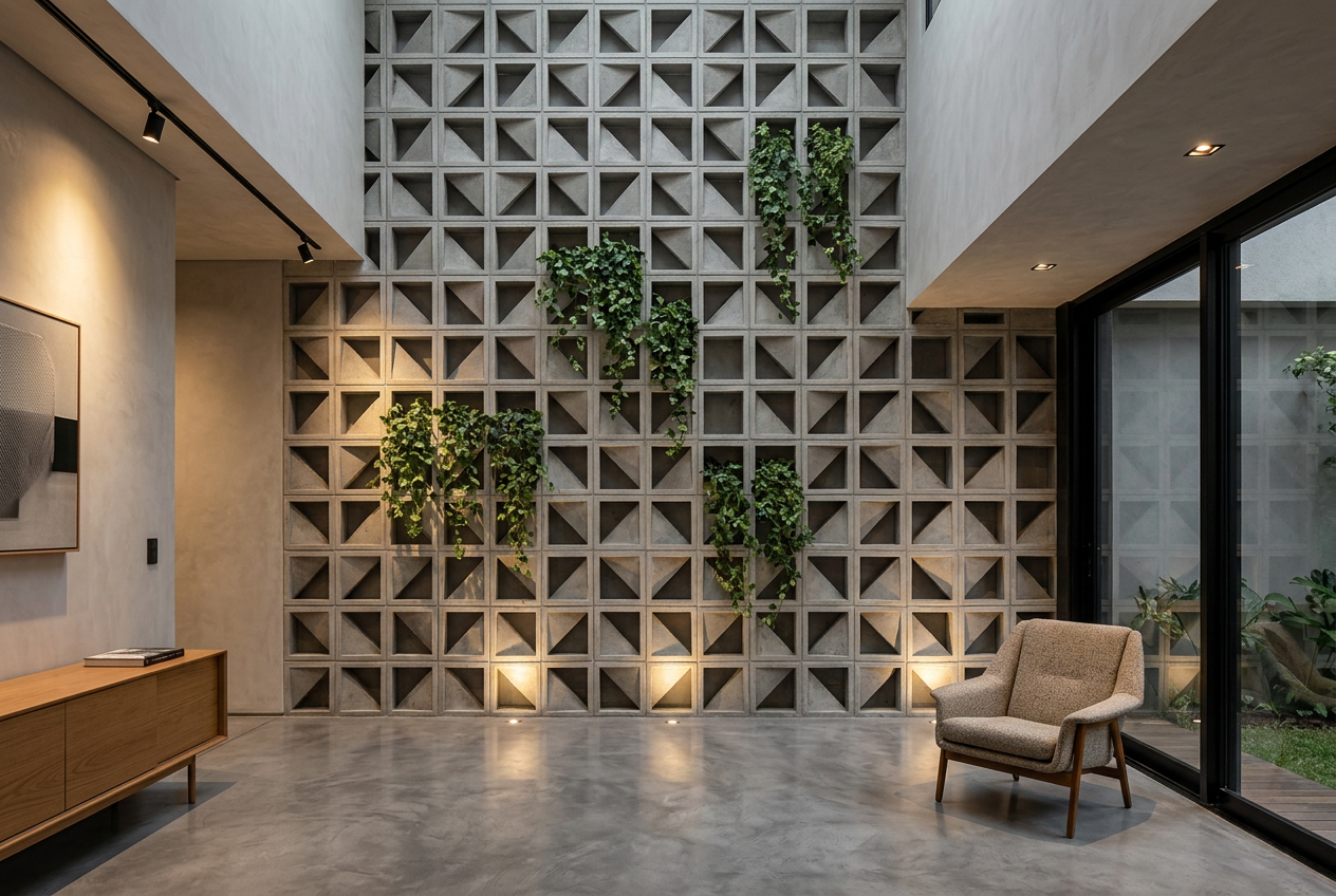 Parede de cobogó geométrico triangular com plantas em ambiente interno