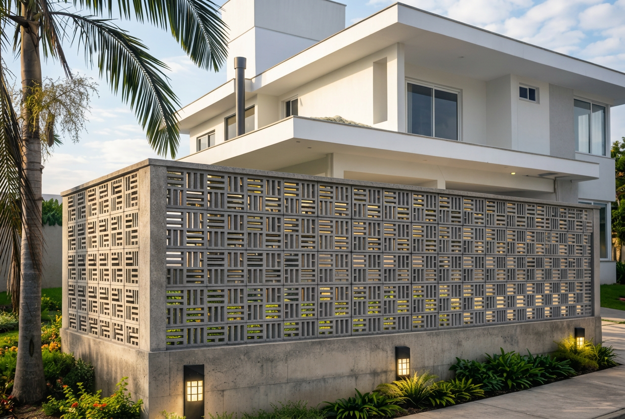 Fachada residencial com muro de cobogó de ripas geométricas