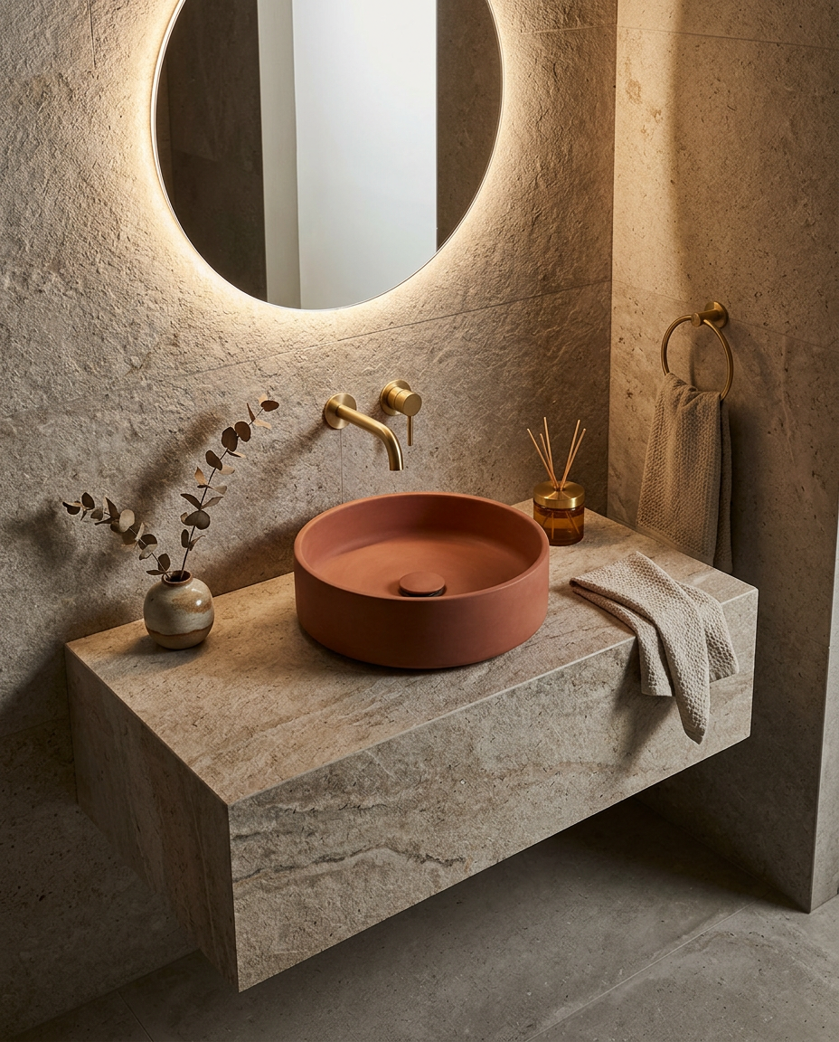 Cuba artesanal terracota em lavabo com parede de travertino