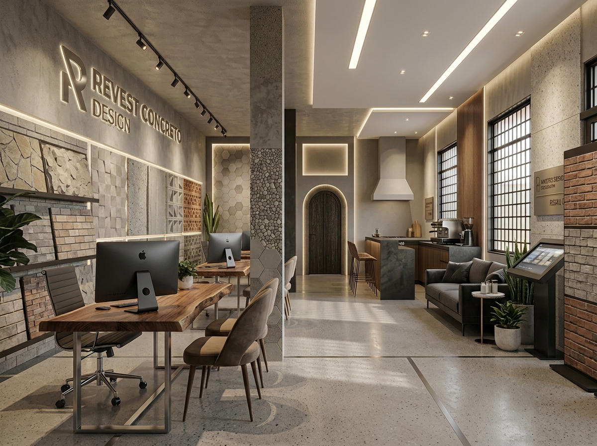 Showroom Revest Concreto Design com revestimentos e produtos expostos